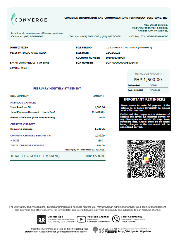 Philippines Converge utility bill template in Word and PDF formats